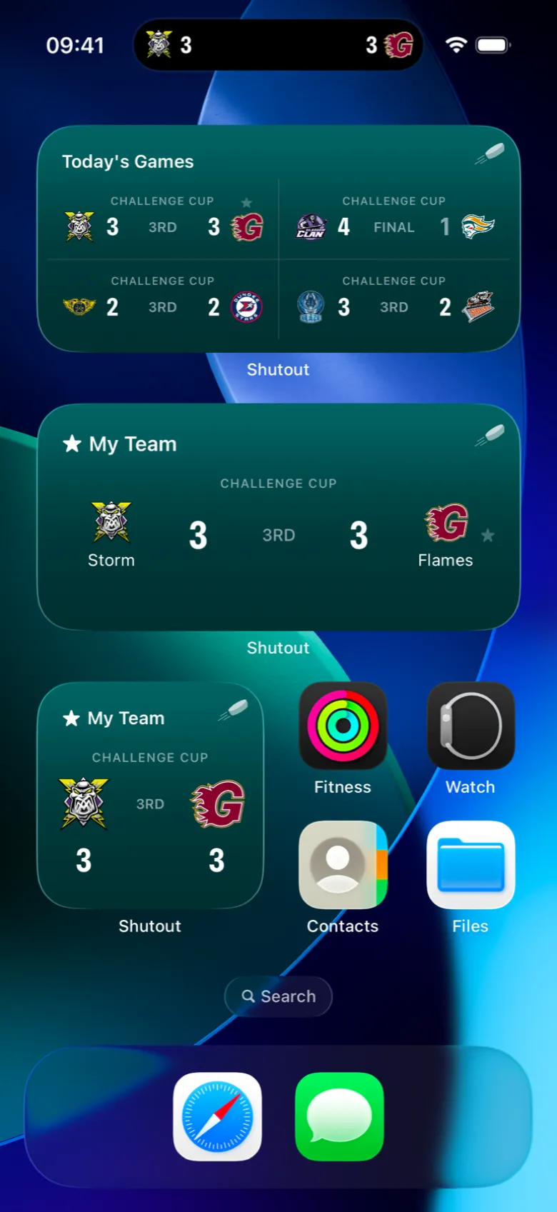 An iPhone Home Screen with Shutout widgets: Today's Games with four Challenge Cup games, and My Team in medium and small sizes showing Storm 3, Flames 3 in the third period.
