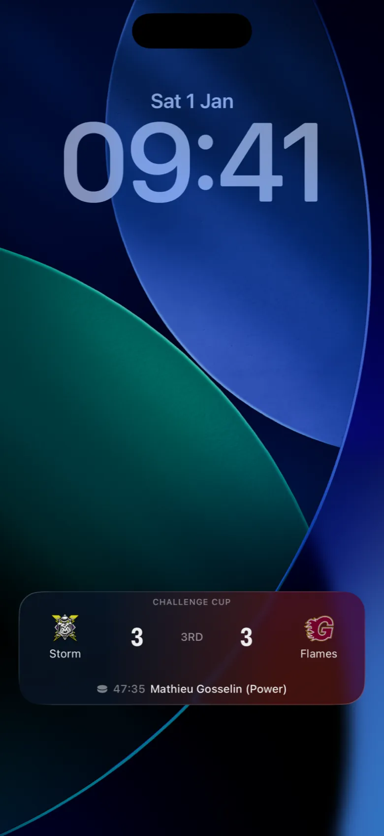 Shutout's Live Activity on the iPhone Lock Screen: Manchester Storm 3, Guildford Flames 3, third period, Mathieu Gosselin scoring at 47:35.