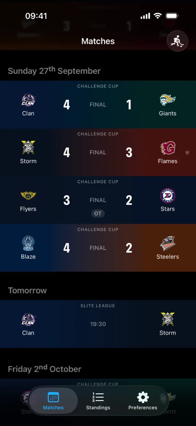 Shutout's Matches screen: Sunday 27th September's Challenge Cup results, then tomorrow's Elite League game.